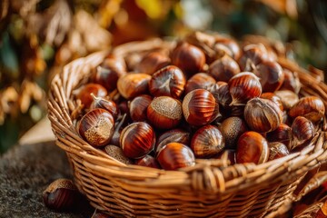 A rustic basket overflowing with freshly harvested chestnuts, showcasing the rich colors of autumn and the bounty of the fall season, evoking warmth and comfort.