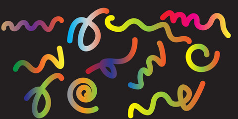 Abstract Color Rainbow Gradient Shapes Set   Vector Graphic Pattern with Wavy Lines in Bright Colors Vector Spiral Confetti Shapes. Birthday Pattern with Color Fluid Elements