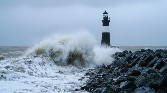 A rocky shoreline with waves crashing against dark stones in the foreground, while a small island with a lighthouse and a few trees is visible in the background.