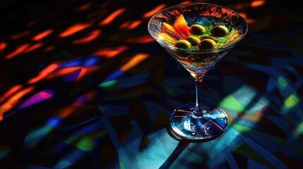 Close-up of a martini glass filled with a clear cocktail, featuring two green olives with red pits at the bottom.