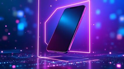 Modern smartphone floating in futuristic neon light abstract background