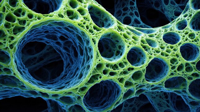 Close-up of a porous, green and blue network structure resembling cells or microscopic organisms.