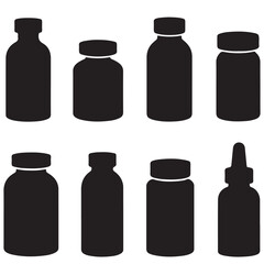 Black Silhouette Medicine Bottles, Black Silhouettes of Medicine Bottles with Pills and Capsules, Jars of Pills and Capsules Medicine Illustration