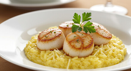 Perfectly seared scallops are served over creamy risotto, creating an elegant and tasty meal.