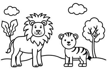 Cartoon line art shows a lion and tiger in a natural environment scene