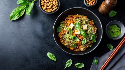 Delicious Asian noodle salad with fresh basil leaves vegetables nuts and herbs in black bowl on dark background