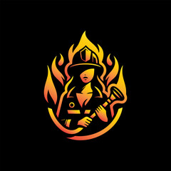 Woman firefighter holding water hose with flame background