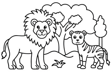 Cartoon lion and tiger stand together near trees in a black and white outline