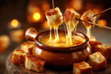 A delicious cheese fondue, with melted cheese dripping off bread cubes on skewers, perfect for a cozy and warm dinner party with friends and family sharing food.