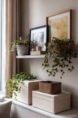 Cozy interior shelf styling with plants, framed art, and decorative boxes. Warm tones create a peaceful, natural ambiance.