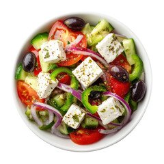 Top View of Greek Salad with Feta Cheese Isolated on Transparent Background

