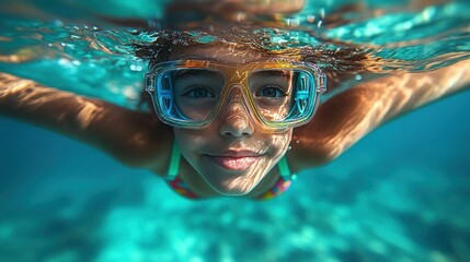 Naklejka premium Child underwater, swimming, joyful