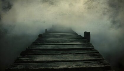 Obraz premium Mysterious wooden walkway through a thick fog.