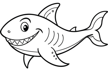 Fototapeta premium Cartoon shark smiles showing teeth with defined black outlines on a white background