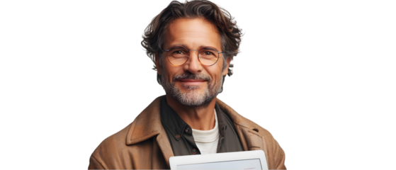 Man holding tablet with data graph.