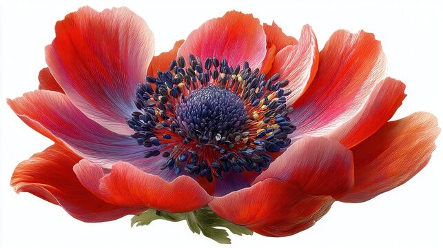Close-up of a vibrant red and purple anemone flower with delicate petals and detailed dark center isolated on white background