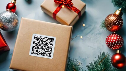 gift box with scannable QR code, Christmas decorations on blue background conveys season greetings - Powered by Adobe