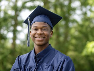 Happy Black high school male graduate in blue cap and gown smiling at camera, standing outside with green trees background, celebrating graduation success.