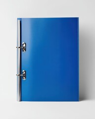 Blue thick hardcover binder with metal s and snap closures standing upright on plain white background for office, school, or organizational storage use