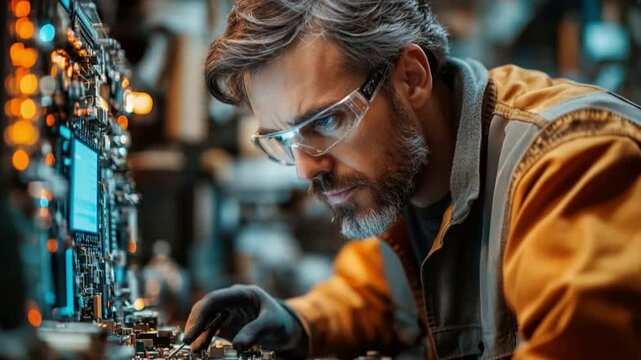 Focused Technician: A seasoned technician meticulously examines intricate circuitry, his intense focus highlighting the precision and expertise required in advanced technology.