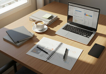 Sunlit Workspace Laptop Notebooks Coffee and Pen