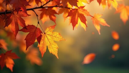 Autumn leaves falling from a tree branch, colorful foliage , scenery, macro