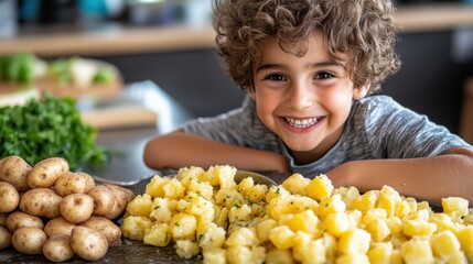 Obraz premium Happy child preparing ingredients for a healthy meal in kitchen