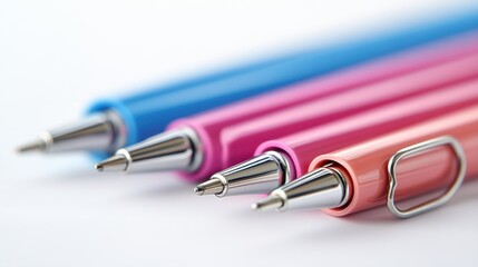 Colorful Ballpoint Pens Lined Up on White Background with Focus on Metallic Tips and Vibrant Hues