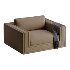 A tan chair with a black and white blanket on it