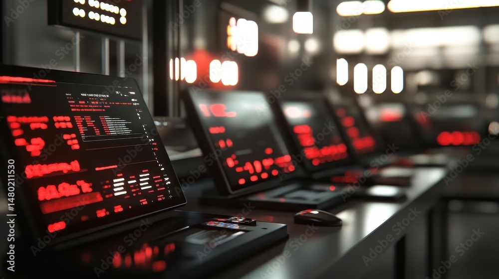 Poster high-tech control room with monitors displaying digital data
