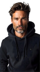 Obraz premium Man in black hoodie with studio portrait.