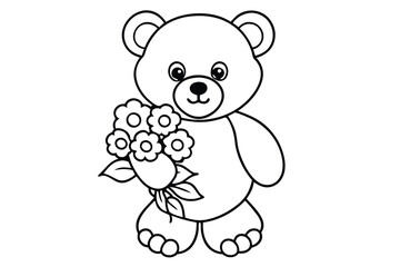 Fototapeta premium Cute teddy bear holds a flower bouquet in a outlined monochrome style isolated