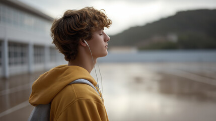 Teenager Walking in Schoolyard During Light Rain