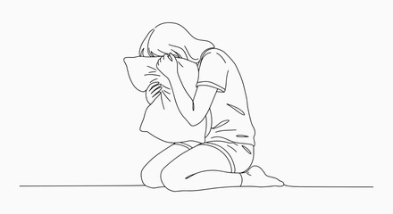 Sad girl hugging a pillow in a minimalist style on a white background - concept
