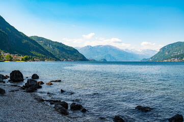 Panorama of Lake Como, photographed in Onno, with the Lecco branch of the lake, and the mountains above.