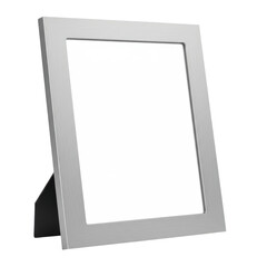 A minimalistic grey, empty picture frame sitting, centered, with a kickstand and white blank insert