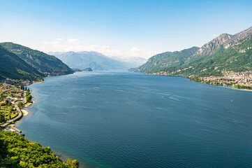 Fototapeta premium Panorama of Lake Como, photographed in Onno, with the Lecco branch of the lake, and the mountains above.