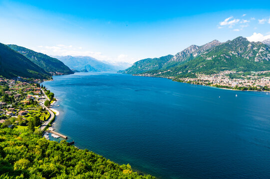 Panorama of Lake Como, photographed in Onno, with the Lecco branch of the lake, and the mountains above.