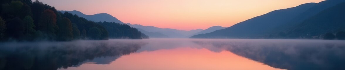 Fototapeta premium Serene dawn mist over Windermere's still waters , view, autumn