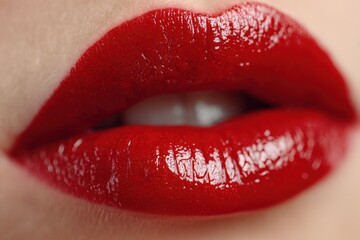Macro shot of a woman's lips with vibrant red lipstick, showcasing a glossy, plump texture with detailed reflections and a seductive appeal and aesthetic.