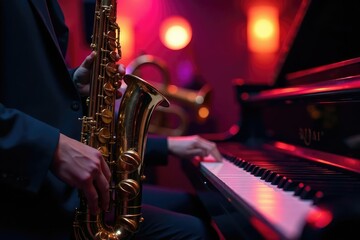 Obraz premium Close-up shot of a saxophone, trumpet, and piano in a dimly lit jazz club , fusion, hard bop, modal jazz