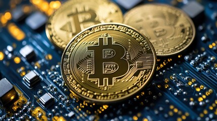 Digital Bitcoin Currency on Circuit Board for Financial Concepts
