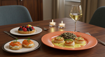 An elegant dinner setting showcasing scallops, appetizers, berry tart, and wine, perfect for a romantic date.