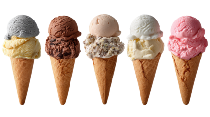 Ice Cream Cones Assortment: A close-up of five ice cream cones with different flavours, perfectly aligned, waiting to be enjoyed on a hot summer day.