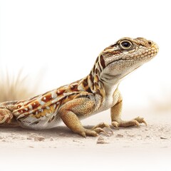 Obraz premium Close-up of a colorful lizard with intricate patterns on its skin, standing on sandy ground with a plain white background, detailed texture and natural pose
