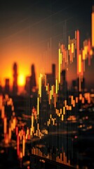 Fototapeta premium Dynamic financial chart with glowing candlesticks and line graph displaying upward growth trend in bright orange and yellow hues over city skyline at sunset