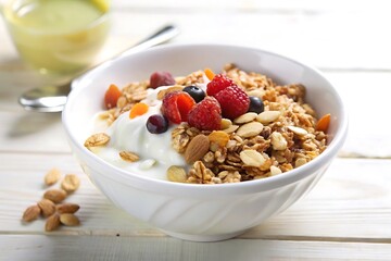 A white bowl filled with yogurt granola and berries on a white wooden surface with a drink aside