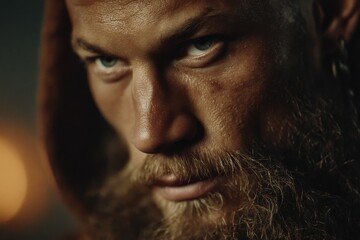 Obraz premium Intense close-up portrait of a serious, bearded man with striking blue eyes, showcasing a rugged and determined expression in dramatic lighting, conveying strength.
