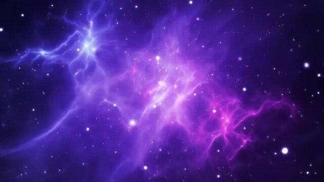 A vibrant cosmic nebula fills the frame, featuring swirling clouds of purple and pink interspersed with bright stars. This mesmerizing display of deep space reveals the wonders of the universe.