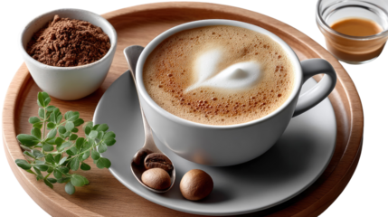 Artisan Cappuccino: A beautifully crafted cappuccino is the focal point, nestled on a wooden tray, encircled by an array of artisanal complements: a cup of cocoa powder, herbs, and macadamia nuts.